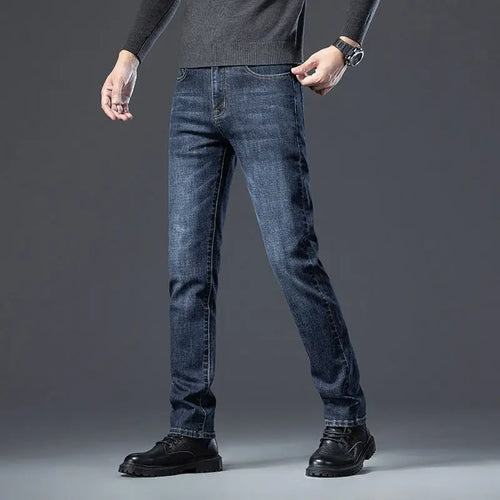 Fleece Padded Jeans Men's Straight Slim Elastic Thickening Heaventlyshop