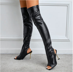 Womens Square Toe Cutout Over Knee Side Zip Cool Boots Heaventlyshop