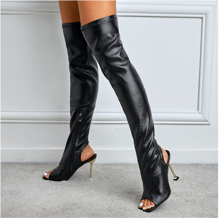 Womens Square Toe Cutout Over Knee Side Zip Cool Boots Heaventlyshop