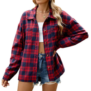 Lapel Plaid Contrast Color Striped Long Sleeve Shirt Coat Heaventlyshop