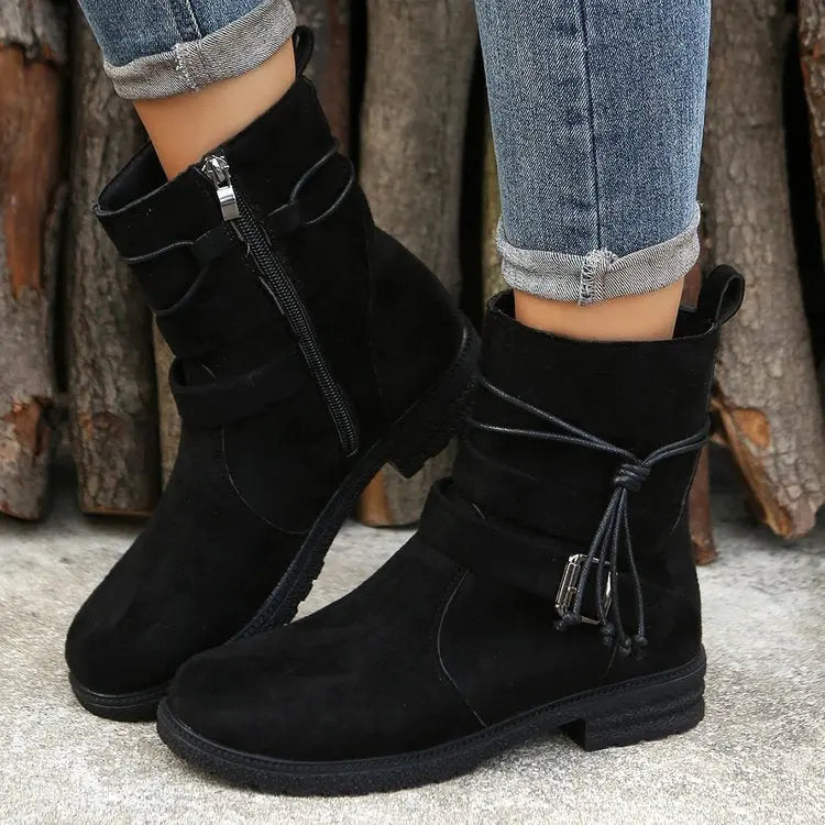 Buckle Square Heel Round Head Fashion Boots New Side Zipper Mid-calf Heaventlyshop