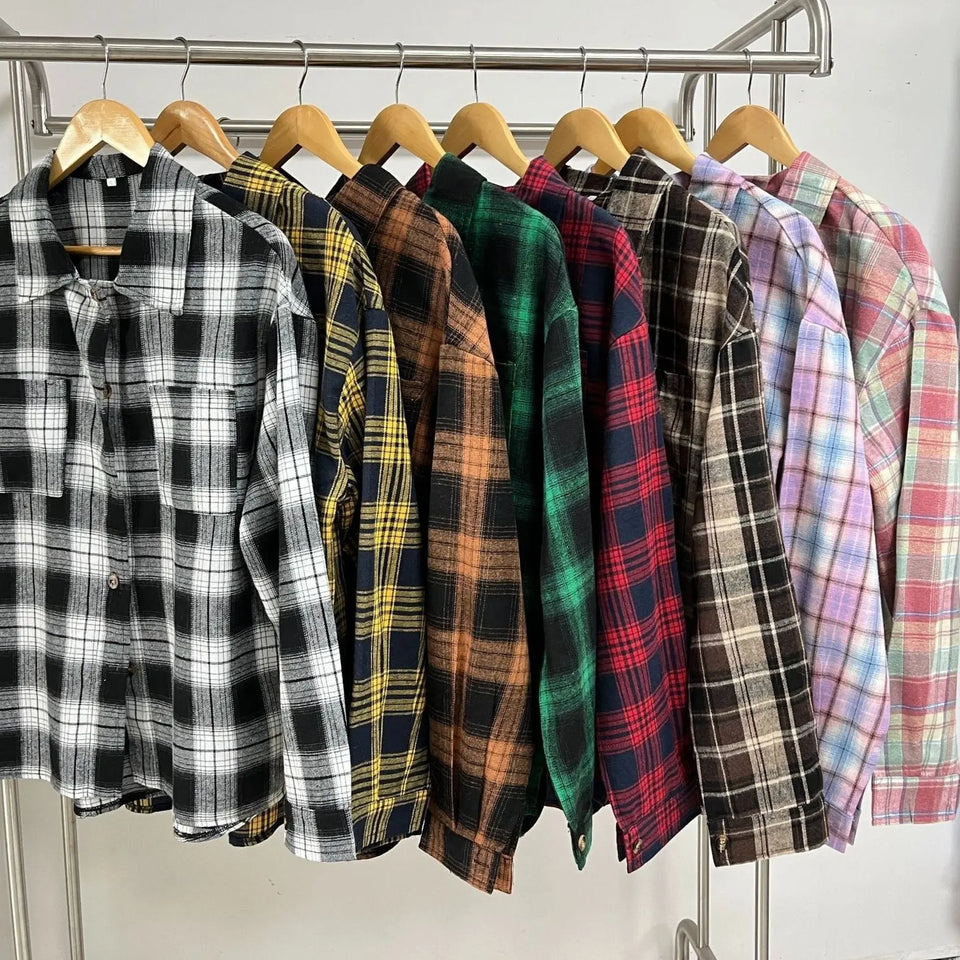 Lapel Plaid Contrast Color Striped Long Sleeve Shirt Coat Heaventlyshop