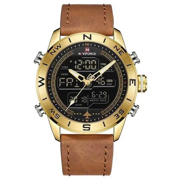 NAVIFORCE 9144 Fashion Gold Men Sport Watches Mens LED Analog Digital Watch Army Military Leather Quartz Watch Relogio Masculino Heaventlyshop