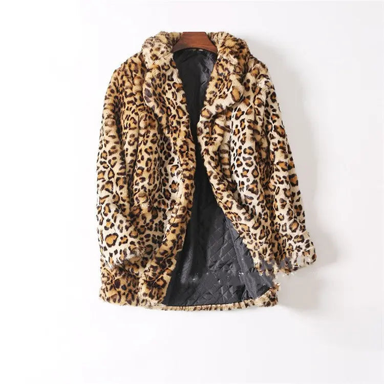 Leopard Print Plush Mid-Length Fur Coat Women's Coat Heaventlyshop