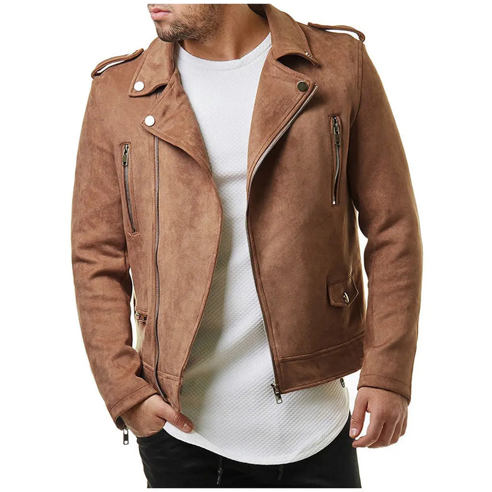 Lapel Leather Jacket Short Diagonal Zipper Suede Jacket Jacket Men - Heaventlyshop