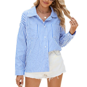 Fashion Striped Long Sleeve Shirt With Pockets Casual Loose Single-breasted Button Top Women Clothing Heaventlyshop