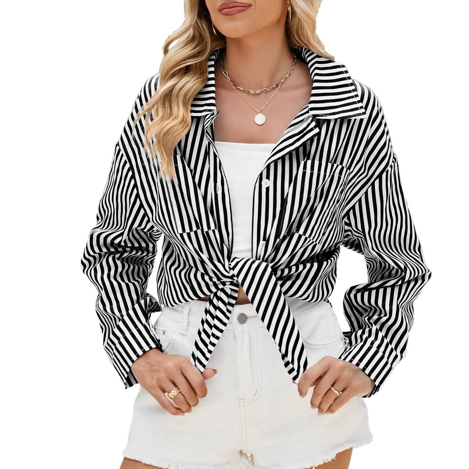 Fashion Striped Long Sleeve Shirt With Pockets Casual Loose Single-breasted Button Top Women Clothing Heaventlyshop