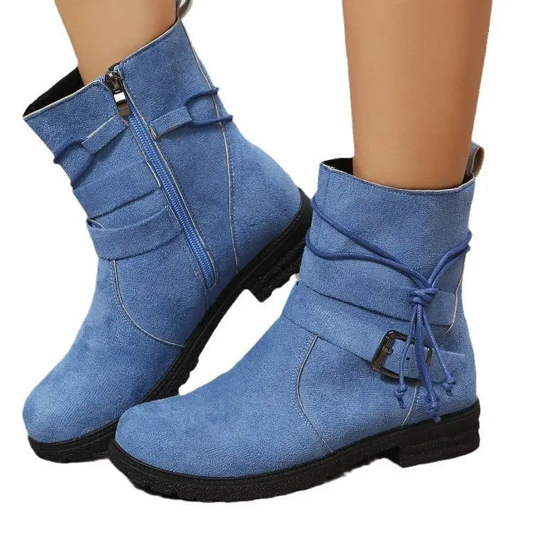 Buckle Square Heel Round Head Fashion Boots New Side Zipper Mid-calf Heaventlyshop