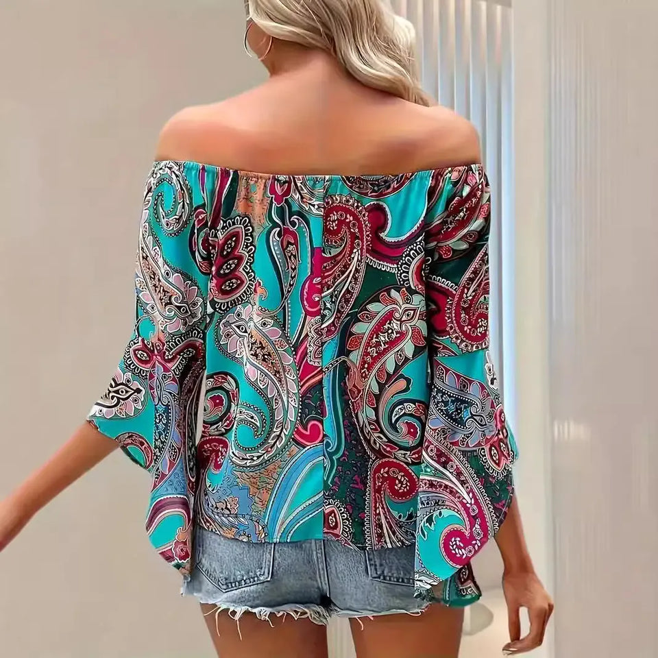 Printed Off-the-shoulder Women's Shirt Elegant Ruffle Sleeve Printed Blouse Sexy Heaventlyshop