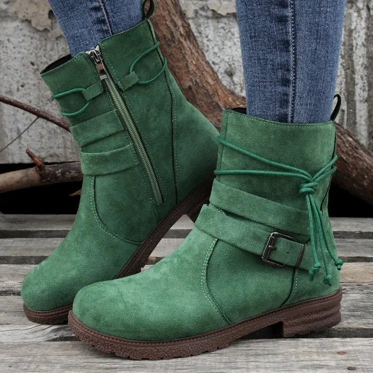 Buckle Square Heel Round Head Fashion Boots New Side Zipper Mid-calf Heaventlyshop