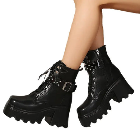 Fashion Round Toe Side Zipper Mid Heel Platform Leather Boots - Heaventlyshop