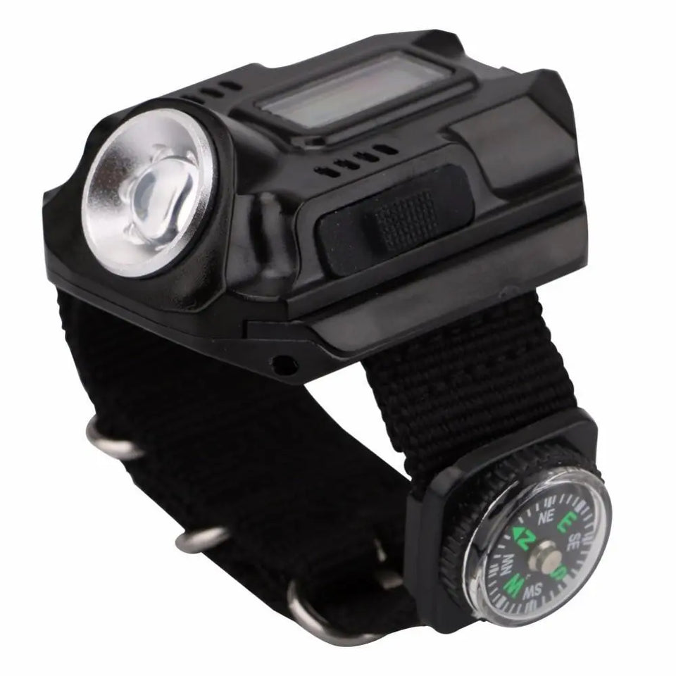 LED watch flashlight flashlight portable light USB charging 4 mode light tactical flashlight time display with compass Heaventlyshop