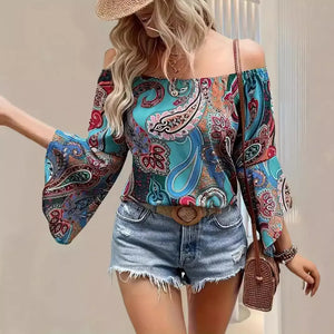 Printed Off-the-shoulder Women's Shirt Elegant Ruffle Sleeve Printed Blouse Sexy Heaventlyshop