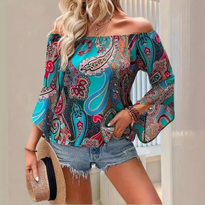 Printed Off-the-shoulder Women's Shirt Elegant Ruffle Sleeve Printed Blouse Sexy Heaventlyshop