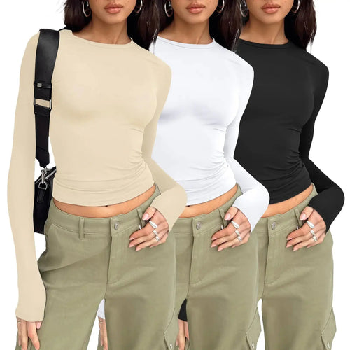 AUTOMET Womens 3 Pack Long Sleeve Shirts Basic Crop Tops Going Out Fall Fashion Underscrubs Layer Slim Fit Y2K Tops Black,white,apricot X-Small Heaventlyshop