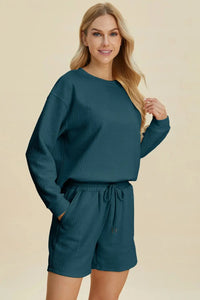 Double Take Full Size Texture Round Neck Long Sleeve Top And Shorts Set Heaventlyshop