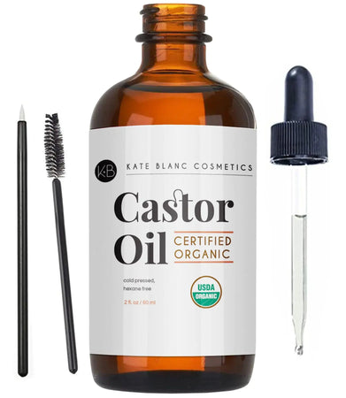 Kate Blanc Cosmetics Castor Oil (2oz), USDA Certified Organic, 100% Pure, Cold Pressed, Hexane Free. Stimulate Growth for Eyelashes, Eyebrows, Hair. Skin Moisturizer & Hair Treatment Starter Kit 2 Fl Oz (Pack of 1) Heaventlyshop