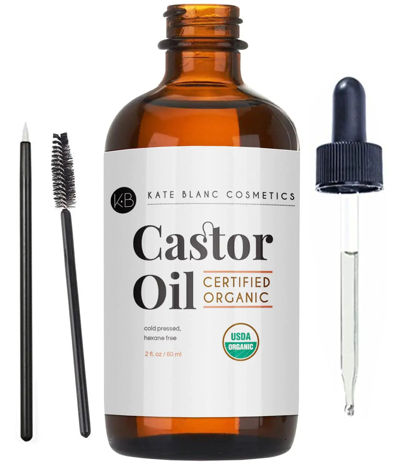 Kate Blanc Cosmetics Castor Oil (2oz), USDA Certified Organic, 100% Pure, Cold Pressed, Hexane Free. Stimulate Growth for Eyelashes, Eyebrows, Hair. Skin Moisturizer & Hair Treatment Starter Kit 2 Fl Oz (Pack of 1) Heaventlyshop