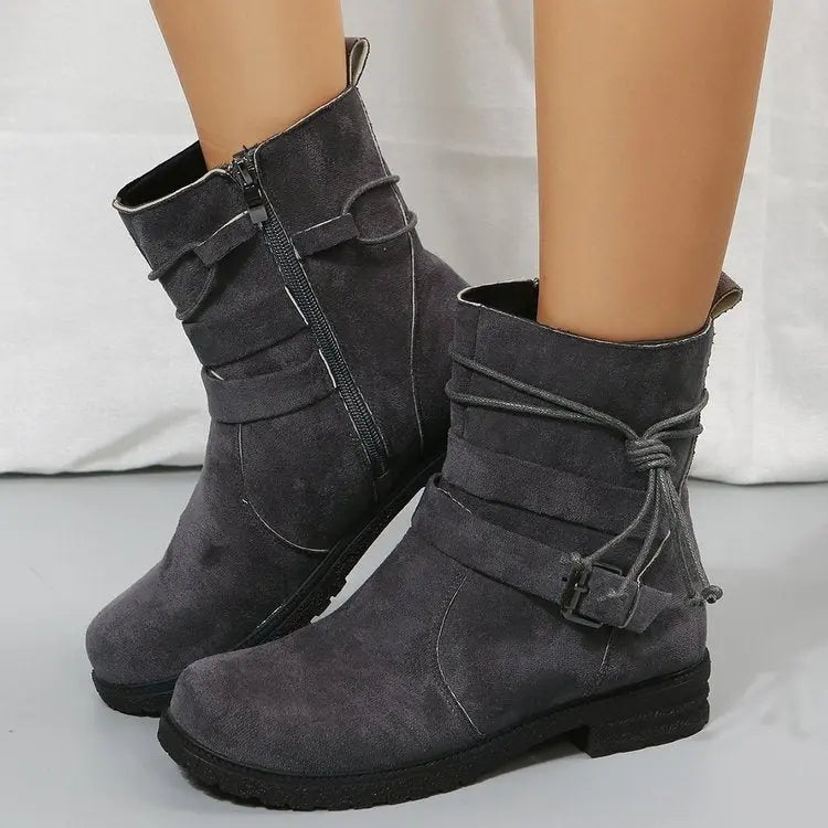 Buckle Square Heel Round Head Fashion Boots New Side Zipper Mid-calf Heaventlyshop