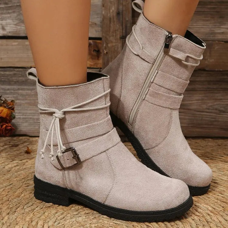 Buckle Square Heel Round Head Fashion Boots New Side Zipper Mid-calf Heaventlyshop