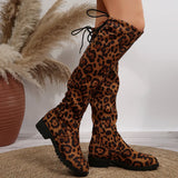 Sexy Leopard Over The Knee Boots With Back Lace-up Design Fashion High-tube Socks Shoes Winter Chunky Heels Long Boots - Heaventlyshop