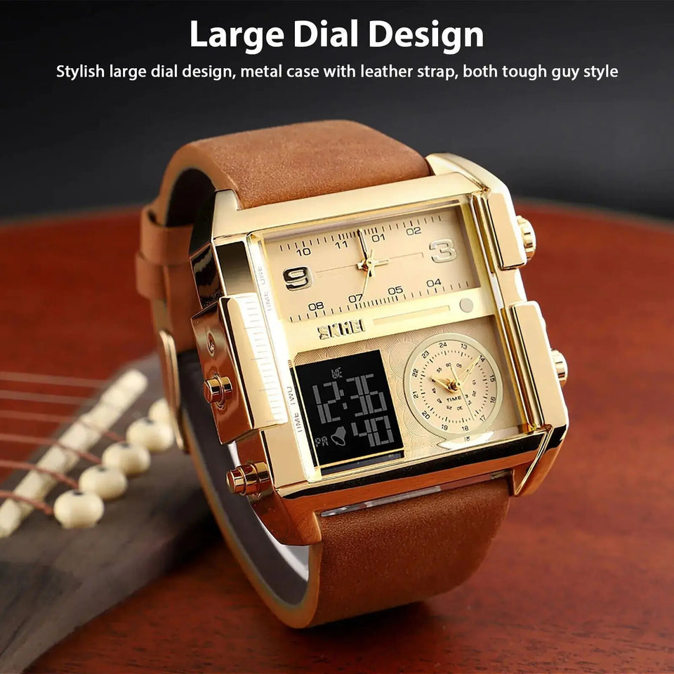 SKMEI Men Watch Large Dial Digital Quartz Sport Stopwatch Leather Wristwatch New Heaventlyshop