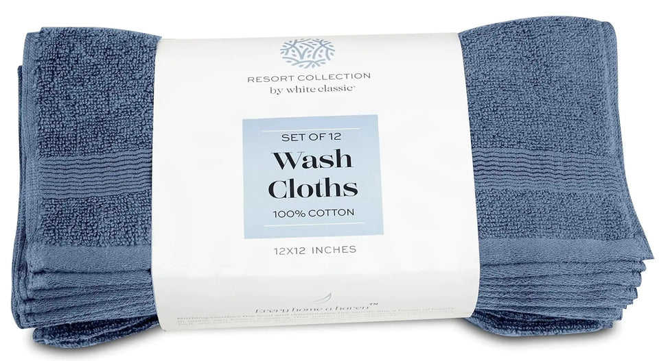 Resort Collection Soft Washcloth Face Body Towel Set 12 Pack Blue 12x12 Luxury Heaventlyshop