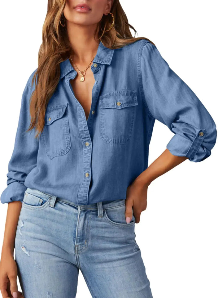 Astylish Women 2024 Button Down Denim Shirts Casual Long Sleeve V Neck Chambray Blouse Top Large Sky Blue Heaventlyshop