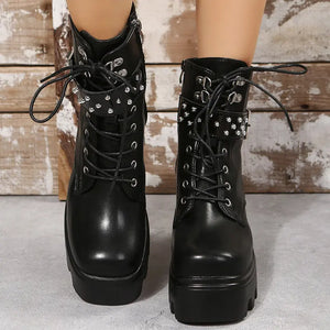 Fashion Round Toe Side Zipper Mid Heel Platform Leather Boots - Heaventlyshop