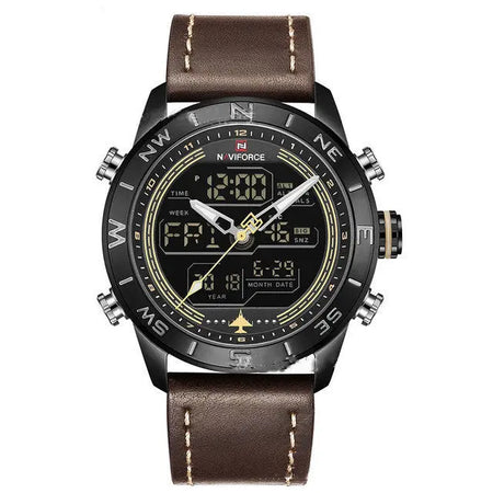 NAVIFORCE 9144 Fashion Gold Men Sport Watches Mens LED Analog Digital Watch Army Military Leather Quartz Watch Relogio Masculino Heaventlyshop