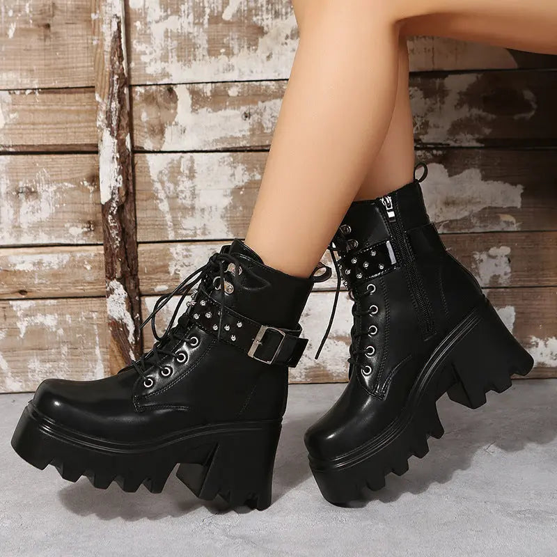 Fashion Round Toe Side Zipper Mid Heel Platform Leather Boots - Heaventlyshop