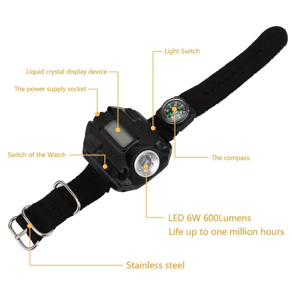 LED watch flashlight flashlight portable light USB charging 4 mode light tactical flashlight time display with compass Heaventlyshop