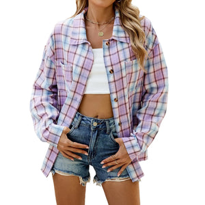 Lapel Plaid Contrast Color Striped Long Sleeve Shirt Coat Heaventlyshop