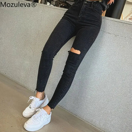 High Waist Tassel Ripped Denim Skinny Pants - Women's Black Jeans Heaventlyshop