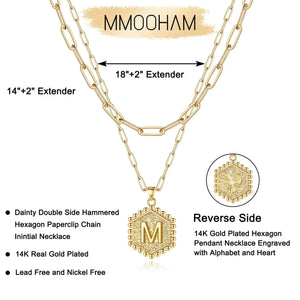 M MOOHAM Dainty Gold Necklace for Women - 14K Solid Gold Over Layering Necklaces for Women Cute Hexagon Letter Initial Necklaces for Women Gold Layered Necklaces for Women Jewelry Gifts 18 IN M Heaventlyshop