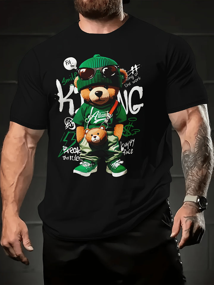 2024 Summer Trendy Men's T-shirt - Cool Bear Pattern, Soft Polyester Fiber, Round Neck Short Sleeve, Street Style