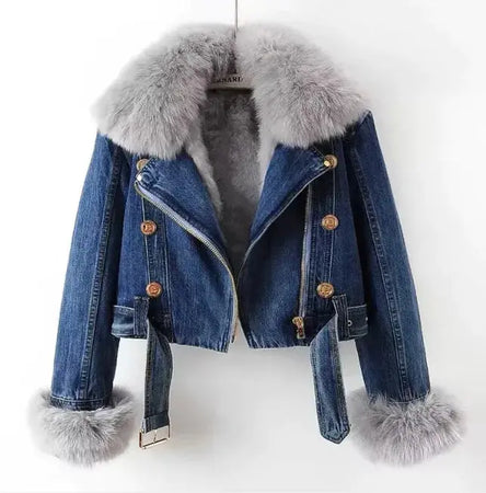 Denim Coat with Removable Fox & Rabbit Fur Liner Heaventlyshop