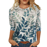 Womens Tops 3/4 Sleeve Shirts Round Neck Loose Casual Blouses Floral Print Tshirts X-Large White Blue Leaf Heaventlyshop