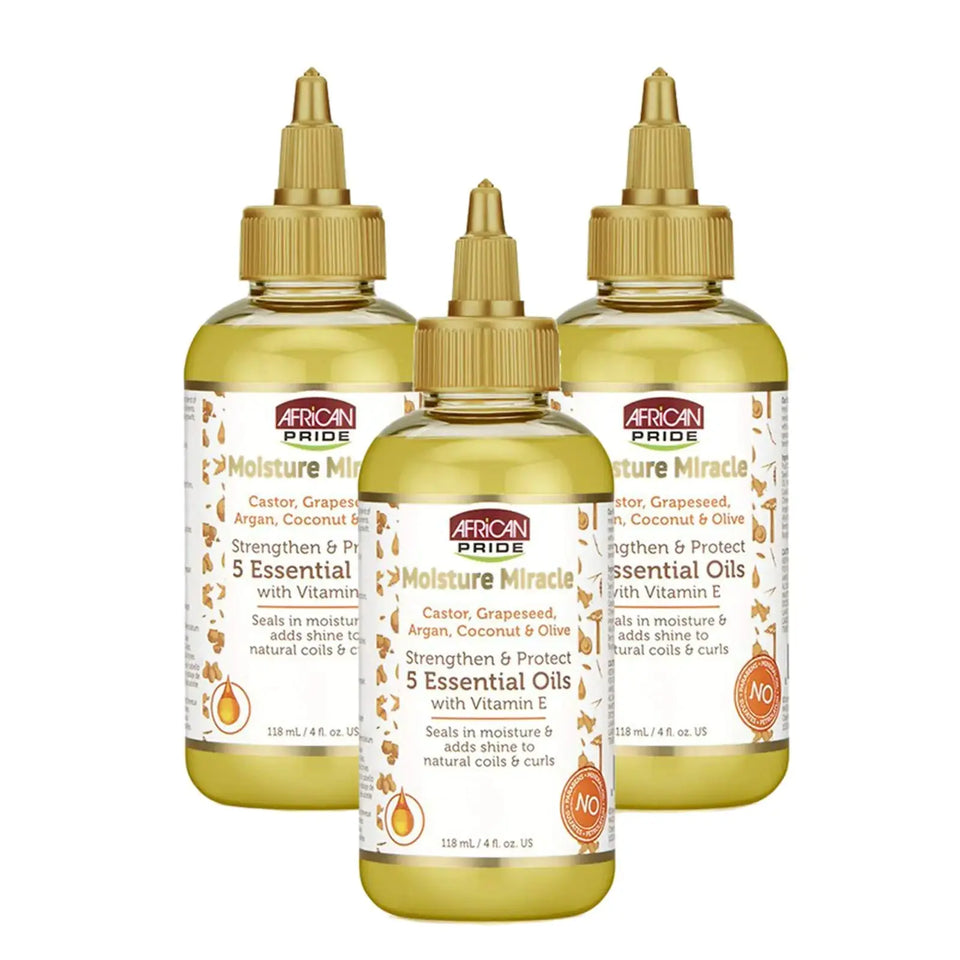 African Pride Moisture Miracle 5 Essential Oils - Contains Castor, Grapeseed, Argan, Coconut & Olive Oil, Seals in Moisture & Adds Shine to Hair, Vitamin E, 4 oz 4 Fl Oz (Pack of 1) Heaventlyshop