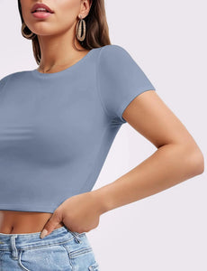 Womens Short Sleeve Crop Top Crew Neck Y2K Shirt Sexy Slim Fitted Casual Base Layer Soft Workout Shirt Going Out Tops X-Small Blue Heaventlyshop