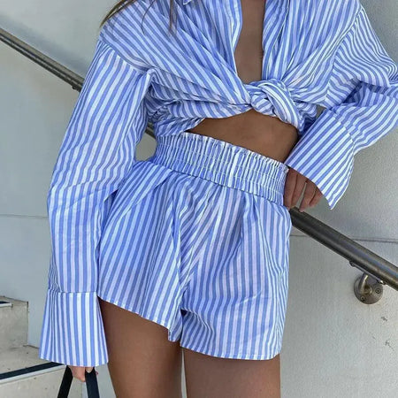 Striped Blouse Shirts and Shorts Matching Set Heaventlyshop