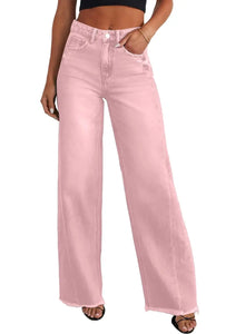 Sidefeel Women's Wide Leg Jeans High Waisted Strechy Raw Hem Denim Pants 18 Pink Heaventlyshop