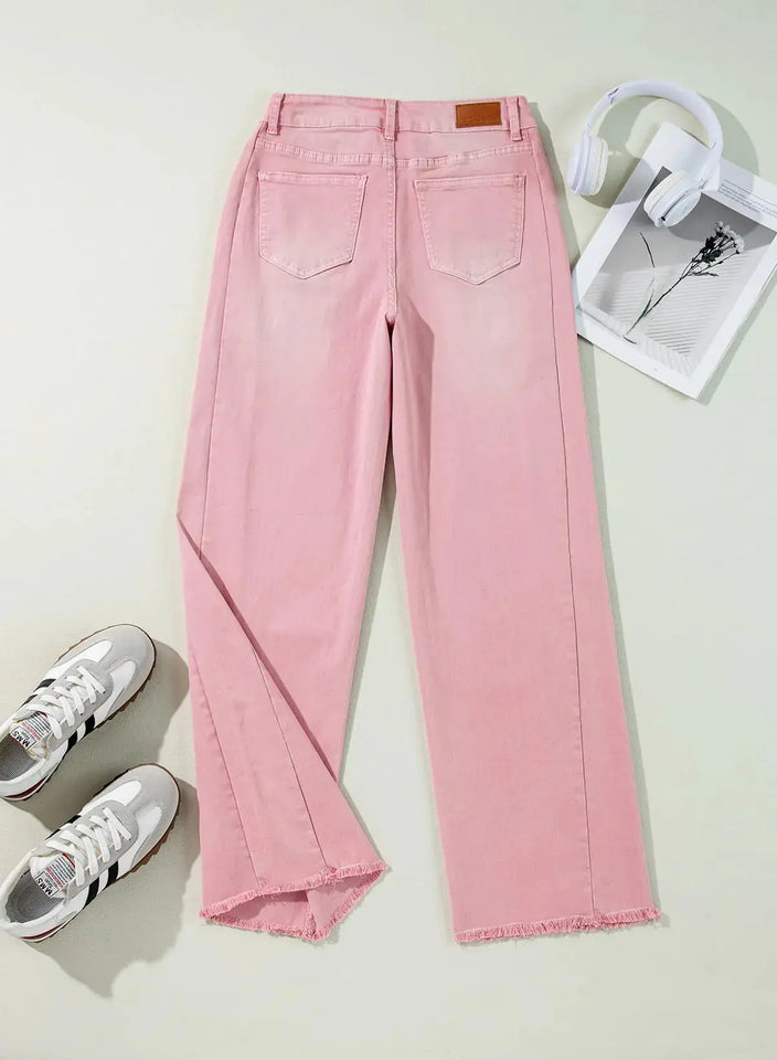 Sidefeel Women's Wide Leg Jeans High Waisted Strechy Raw Hem Denim Pants 18 Pink Heaventlyshop