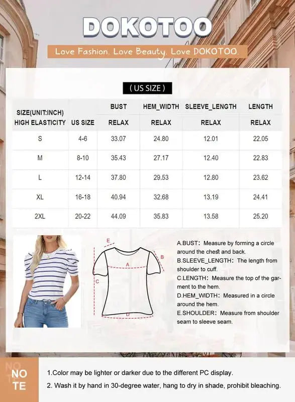 Dokotoo Women's Short Puff Sleeve Knit Tops 2024 Trendy Crewneck Striped T Shirts Casual Summer Blouses Large White Blue Heaventlyshop