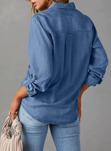 Astylish Women 2024 Button Down Denim Shirts Casual Long Sleeve V Neck Chambray Blouse Top Large Sky Blue Heaventlyshop