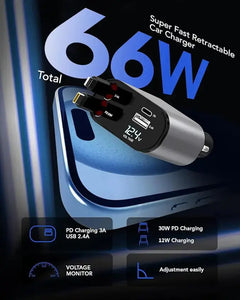 TIKTOK SHOP Retractable Car Charger, 4 in 1 Fast Car Phone Charger 66W, Retractable Cables and USB Car Charger,Compatible with iPhone 15/14/13/12/11,Galaxy,Pixel Heaventlyshop