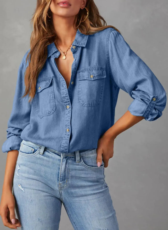 Astylish Women 2024 Button Down Denim Shirts Casual Long Sleeve V Neck Chambray Blouse Top Large Sky Blue Heaventlyshop