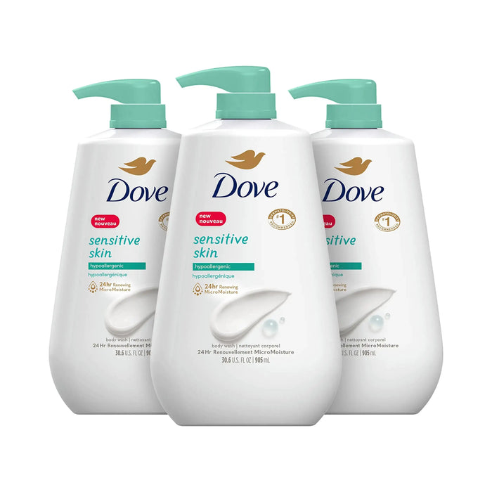 Dove Body Wash 3 Count with Pump Sensitive Skin Hypoallergenic, Paraben-Free, Sulfate-Free, Cruelty-Free, Moisturizing Skin Cleanser Effectively Washes Away Bacteria While Nourishing Skin 30.6 oz Fragranced 30.6 Fl Oz (Pack of 3) Heaventlyshop