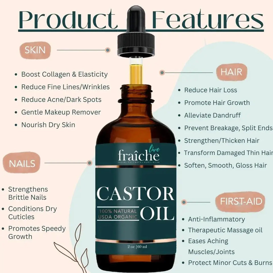 Organic Castor Oil for Face (2oz) + FREE Filled Mascara Tube USDA Cert, 100% Pure, Cold Pressed, Hexane Free by Live Fraiche. Hair Growth Oil for Eyelashes, Eyebrows, Lash Growth Serum. Brow Treatment 2 Fl Oz (Pack of 1) Heaventlyshop