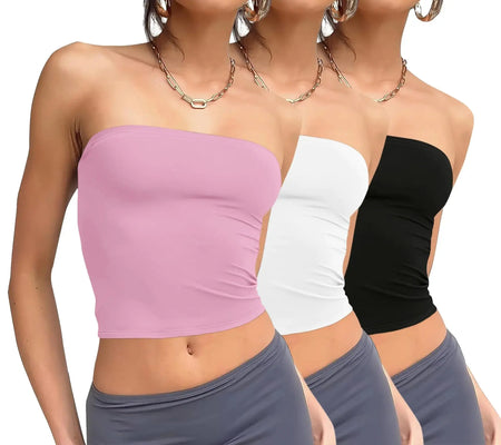 WIHOLL 3 Pack Tube Tops for Women Slim Fit Crop Tops Going Out Strapless Tank Tops Bandeau Summer Outfits 2024 Y2K Clothes 3 Pack Black/White/Pink Small Heaventlyshop